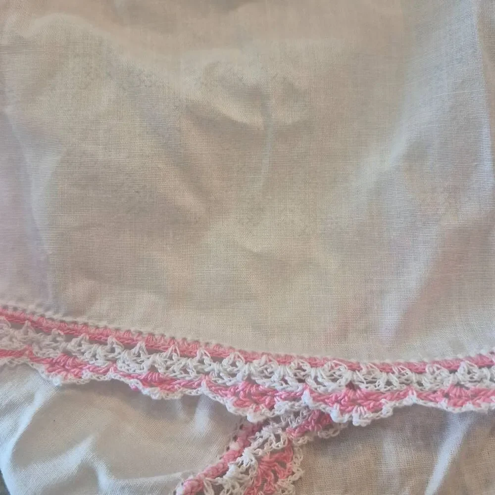 Pillowcases (2), White Cotton, Vintage Pink Variegated Crochet Cross Stitch Star